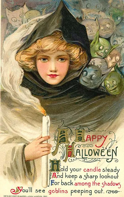 A Happy Halloween: a girl with a candle and goblin faces