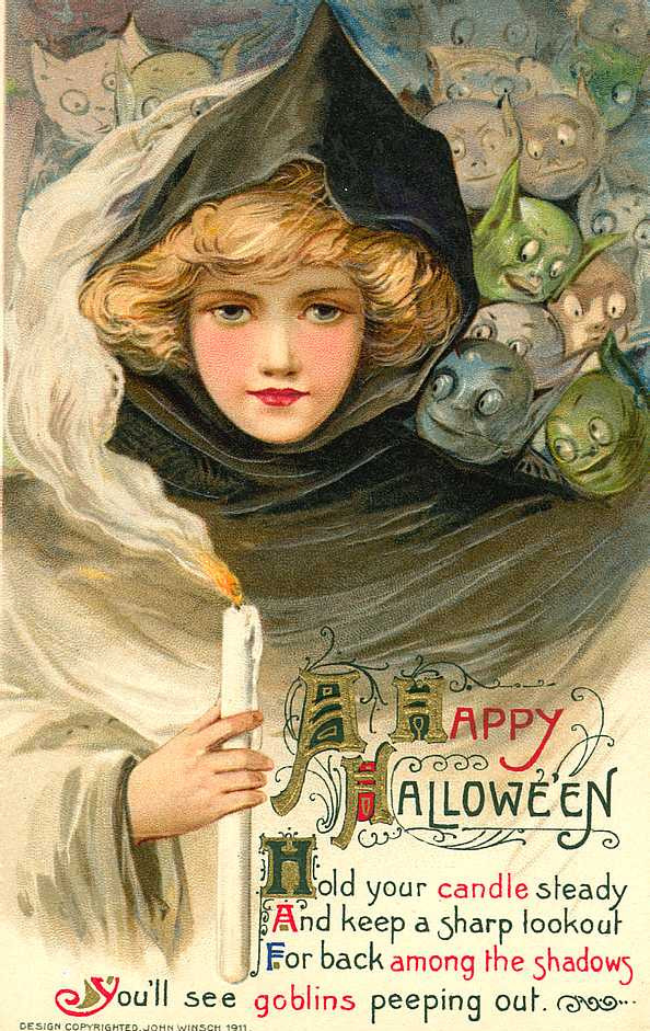 A Happy Halloween: a girl with a candle and goblin faces, Early 1900s — vintage postcard