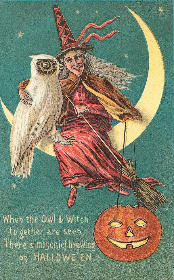 When the Owl and Witch Are Seen: a witch on the crescent moon, Early 1900s — vintage postcard