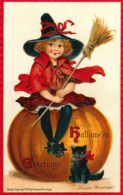 Hallowe'en Greetings: a little witch seated on a pumpkin