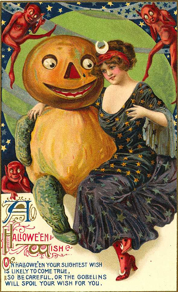 A Hallowe'en Wish: a lady with a pumpkin-headed suitor, Early 1900s — vintage postcard