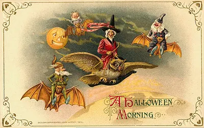 A Halloween Morning: witches riding bats and an owl