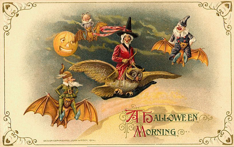 A Halloween Morning: witches riding bats and an owl, Early 1900s — vintage postcard