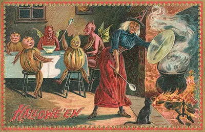 Hallowe'en: devils, witches and pumpkin men around a cauldron