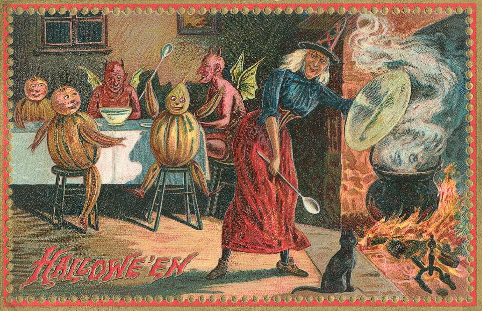 Hallowe'en: devils, witches and pumpkin men around a cauldron, Early 1900s — vintage postcard