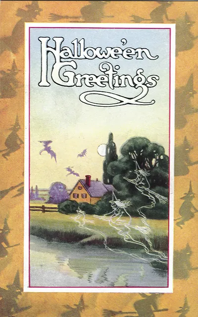 Halloween Greetings card with flying witches and bats