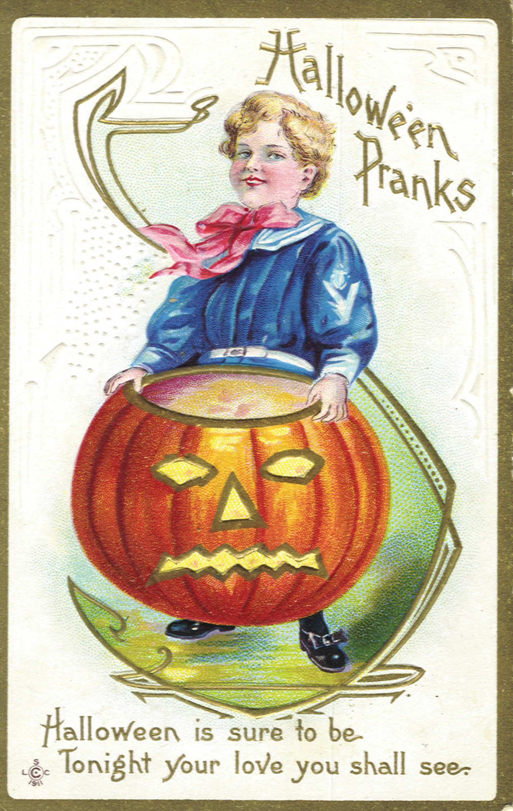 Halloween Pranks: child holding jack-o'-lantern embossed postcard — vintage postcard