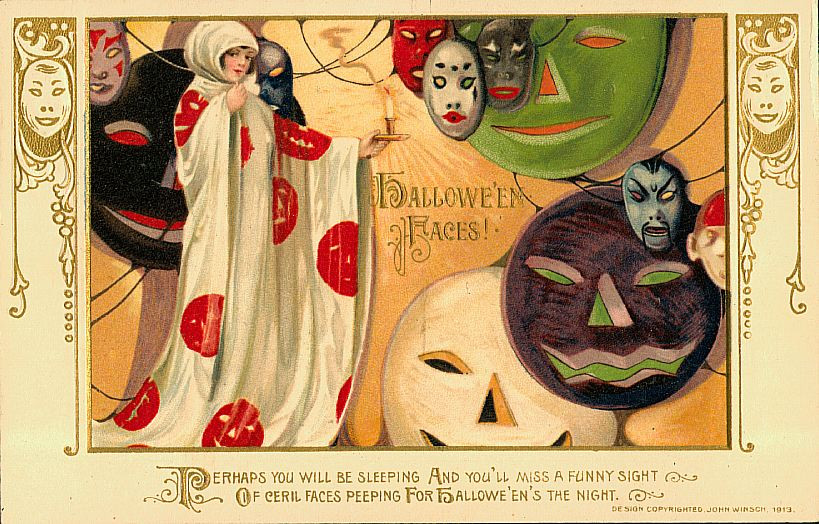 Hallowe'en Faces: children with masks, Early 1900s — vintage postcard