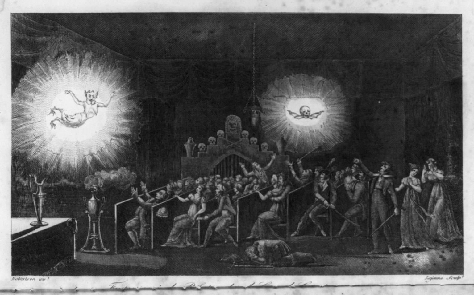 [Producing ghostly illusion by use of magic lantern. 18th c.], [no date recorded on caption card] — antique engraving