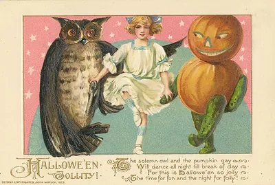 Hallowe'en Jollity: an owl, a girl and a pumpkin man dancing