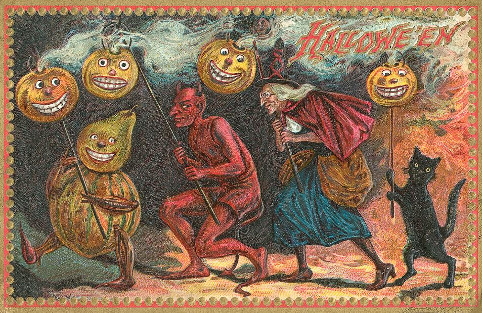 Hallowe'en: a parade of devils, witches and jack-o'-lanterns, Early 1900s — vintage postcard