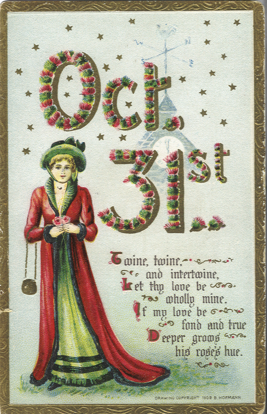 Oct 31st Halloween postcard with woman and verse — vintage postcard