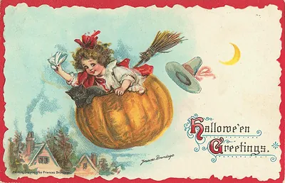 Hallowe'en Greetings: a little girl flying in a pumpkin with a broom