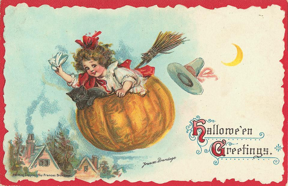 Hallowe'en Greetings: a little girl flying in a pumpkin with a broom, Early 1900s — vintage postcard