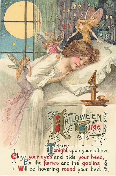 Hallowe'en Time: a sleeping woman visited by fairies and goblins