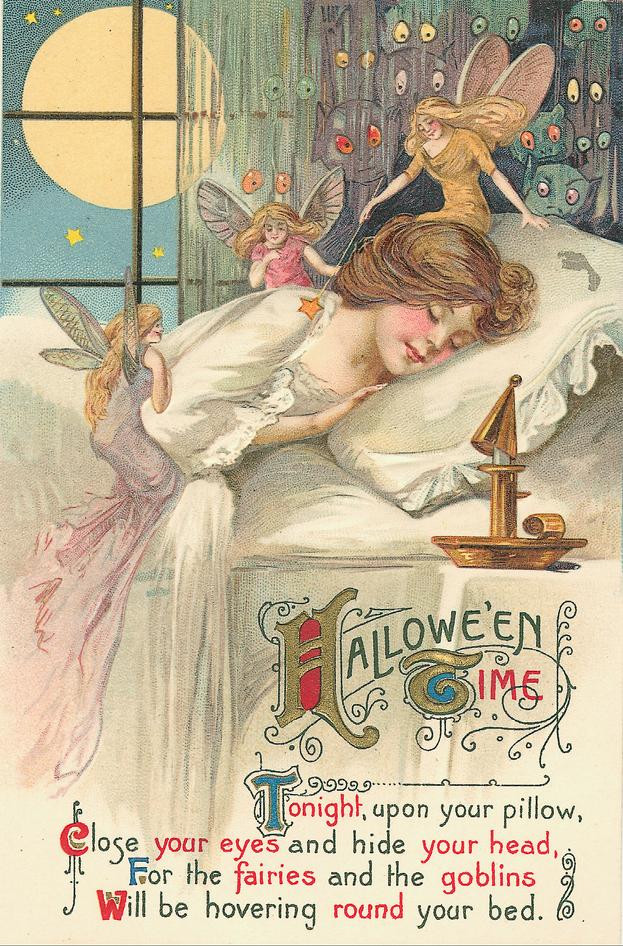 Hallowe'en Time: a sleeping woman visited by fairies and goblins, Early 1900s — vintage postcard