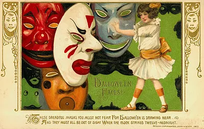 Hallowe'en Faces: a girl among giant masks