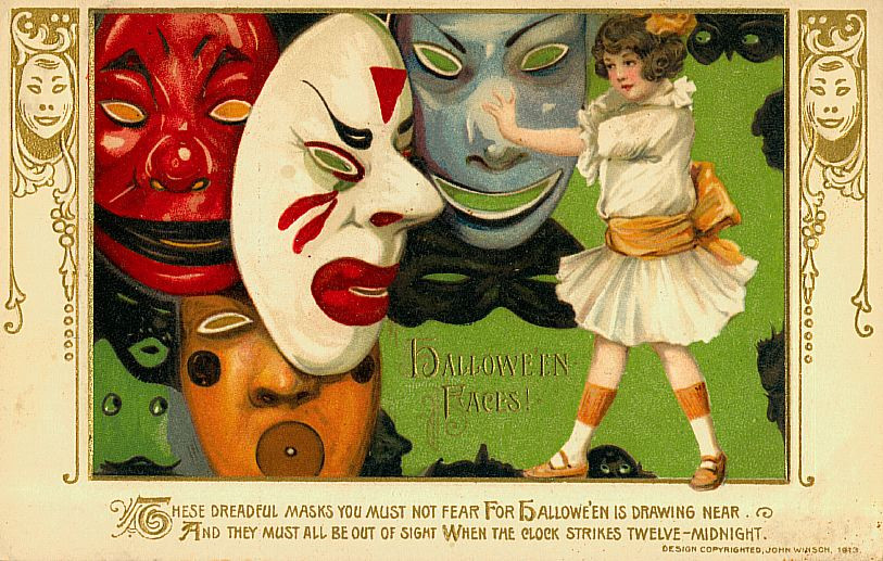 Hallowe'en Faces: a girl among giant masks, Early 1900s — vintage postcard