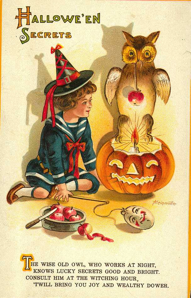 Hallowe'en Secrets: a little witch with an owl and a jack-o'-lantern, Early 1900s — vintage postcard