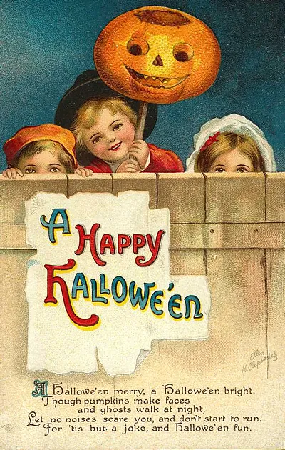 A Happy Hallowe'en: children peeking over a fence under a jack-o'-lantern