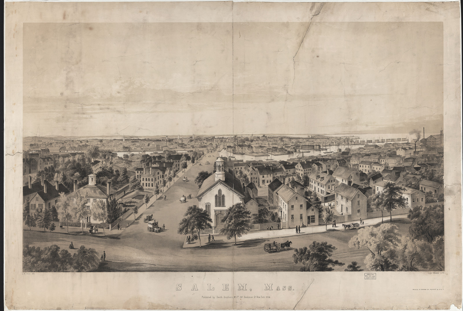 Salem, Mass. bird's-eye lithographic view of town — antique lithograph