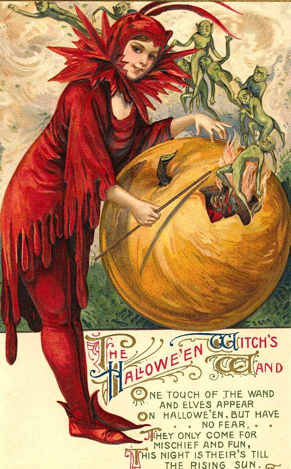 The Hallowe'en Witch's Wand: a jester-like sprite and a pumpkin, Early 1900s — vintage postcard