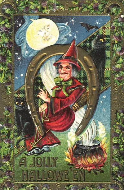 A Jolly Hallowe'en postcard with witch and black cats