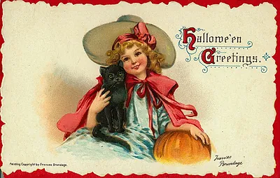 Hallowe'en Greetings: a girl in a witch hat holding a black cat