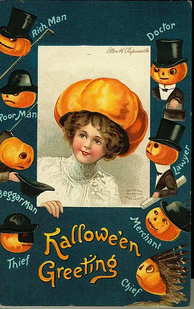 Hallowe'en Greeting: a girl in a pumpkin hat counting fortunes