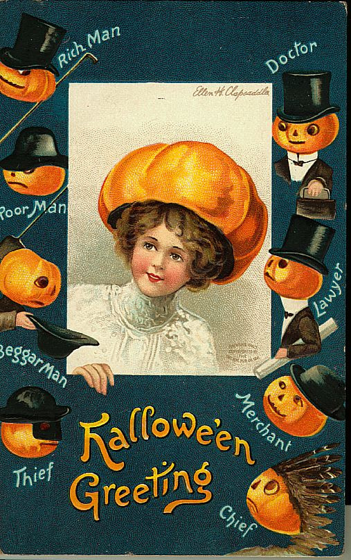 Hallowe'en Greeting: a girl in a pumpkin hat counting fortunes, Early 1900s — vintage postcard