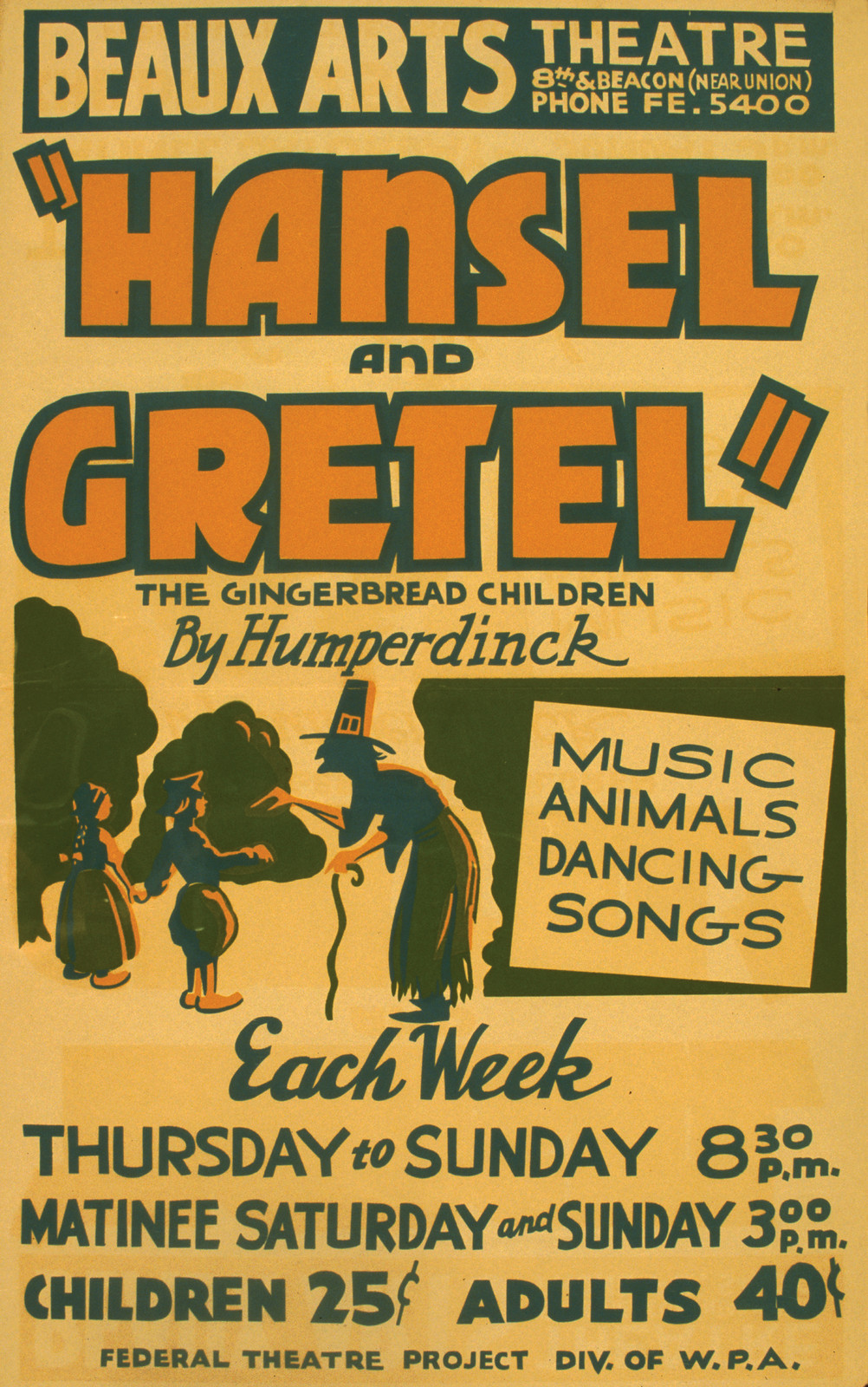 "Hansel And Gretel," The Gingerbread Children by Humperdinck Music, Animals, Dancing, Songs, c. 1936-1941 — vintage poster