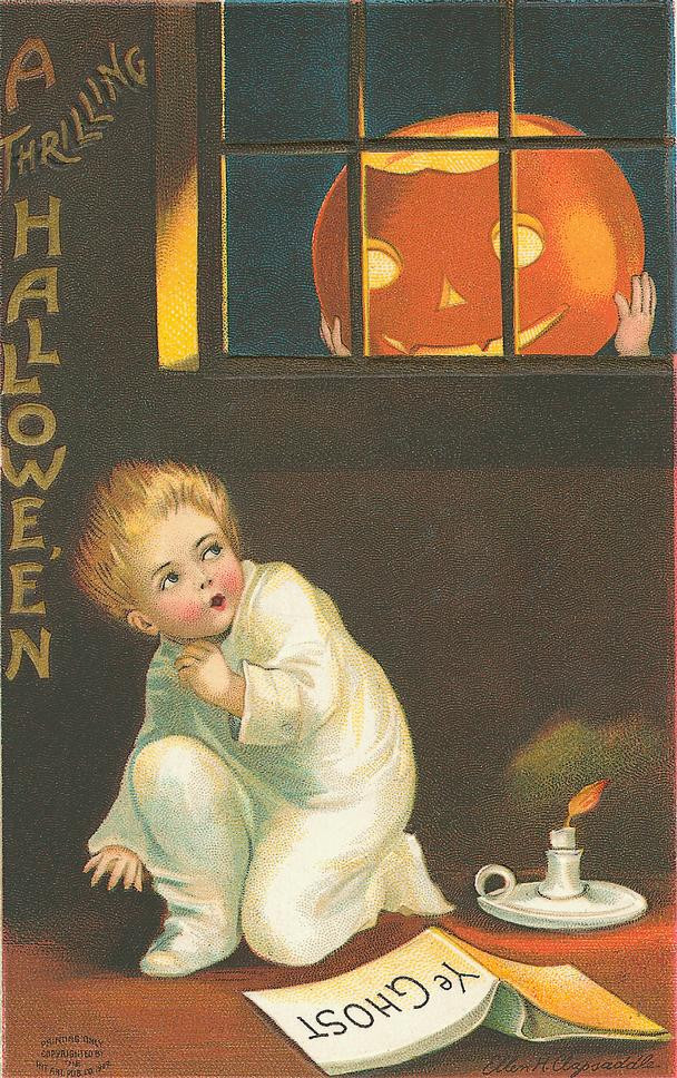 A Thrilling Hallowe'en: a child frightened by a jack-o'-lantern at the window, Early 1900s — vintage postcard