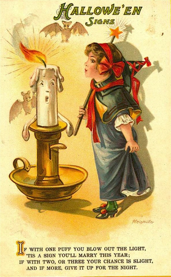 Hallowe'en Signs: a girl blowing out a candle, Early 1900s — vintage postcard