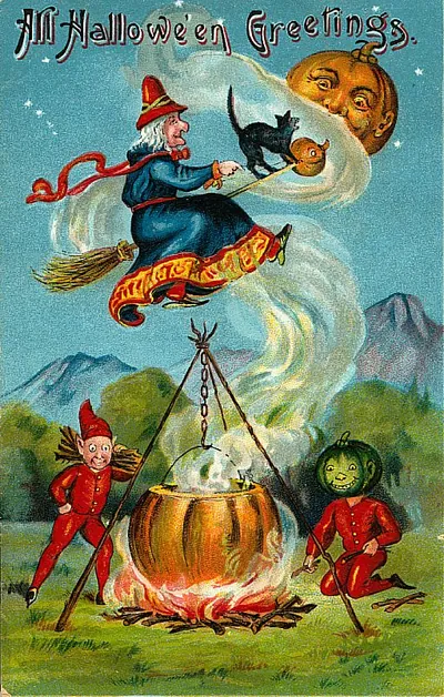 All Hallowe'en Greetings: a witch flying over a cauldron and goblins