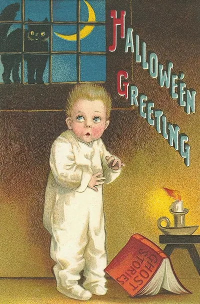 Hallowe'en Greeting: a child startled by a ghost story