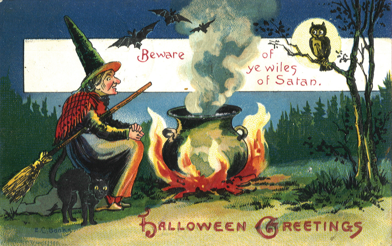 Halloween Greetings postcard with witch, cauldron and owl — vintage postcard