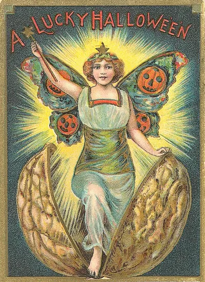 A Lucky Halloween: a fairy rising from a walnut shell