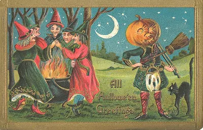 All Hallowe'en Greetings: witches at the cauldron and a pumpkin-headed fiddler