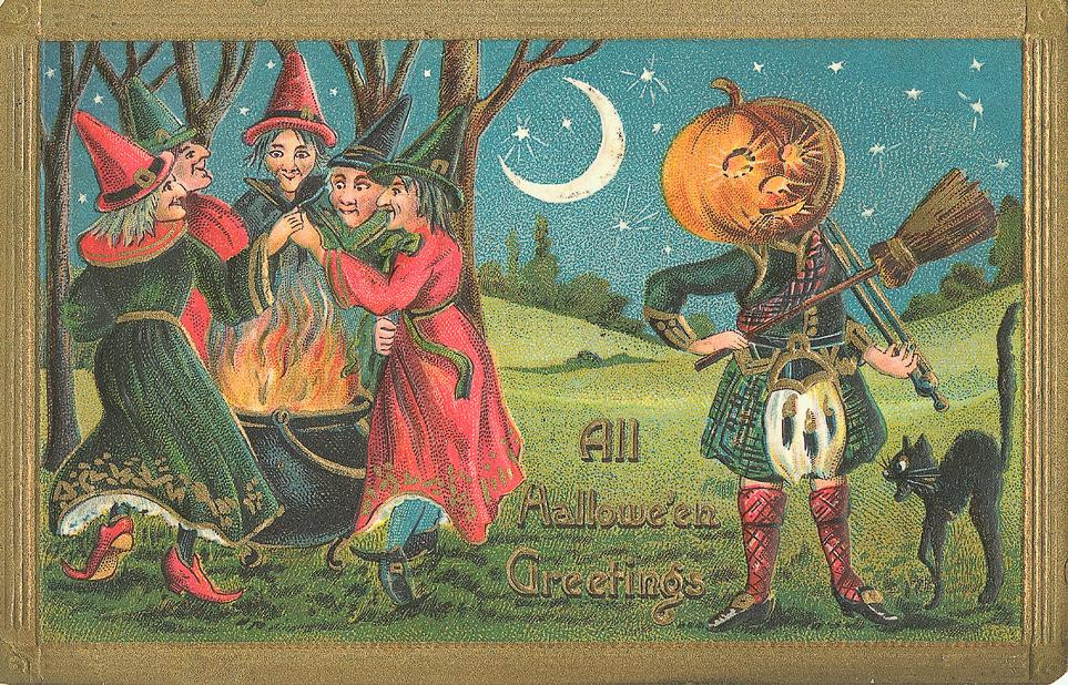 All Hallowe'en Greetings: witches at the cauldron and a pumpkin-headed fiddler, Early 1900s — vintage postcard