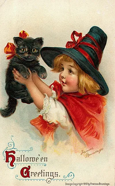 Hallowe'en Greetings: a girl in a witch hat with a black cat