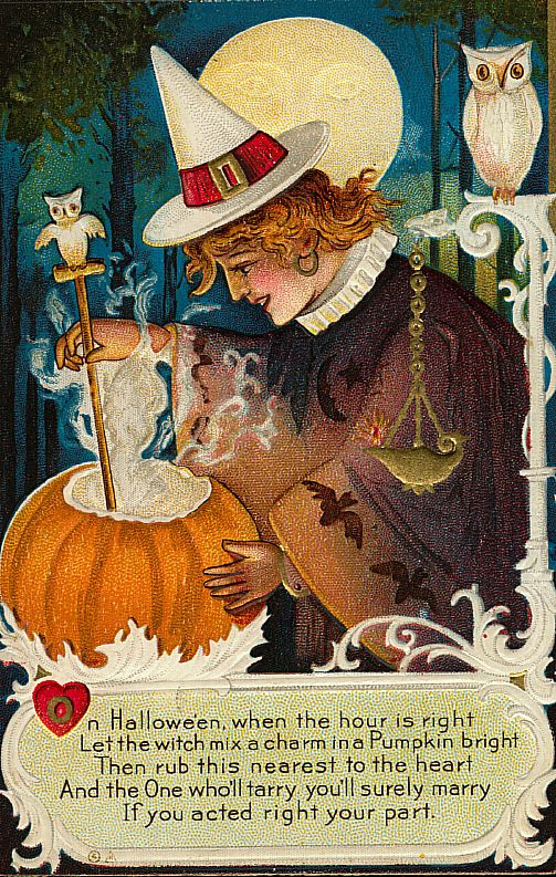 On Halloween, when the hour is right: a woman with a candle and owl, Early 1900s — vintage postcard