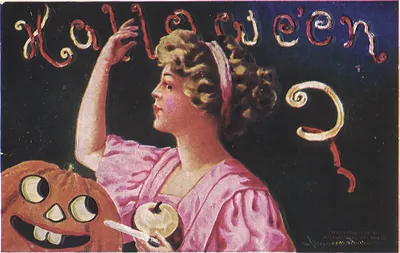 Halloween postcard of woman with jack-o'-lantern