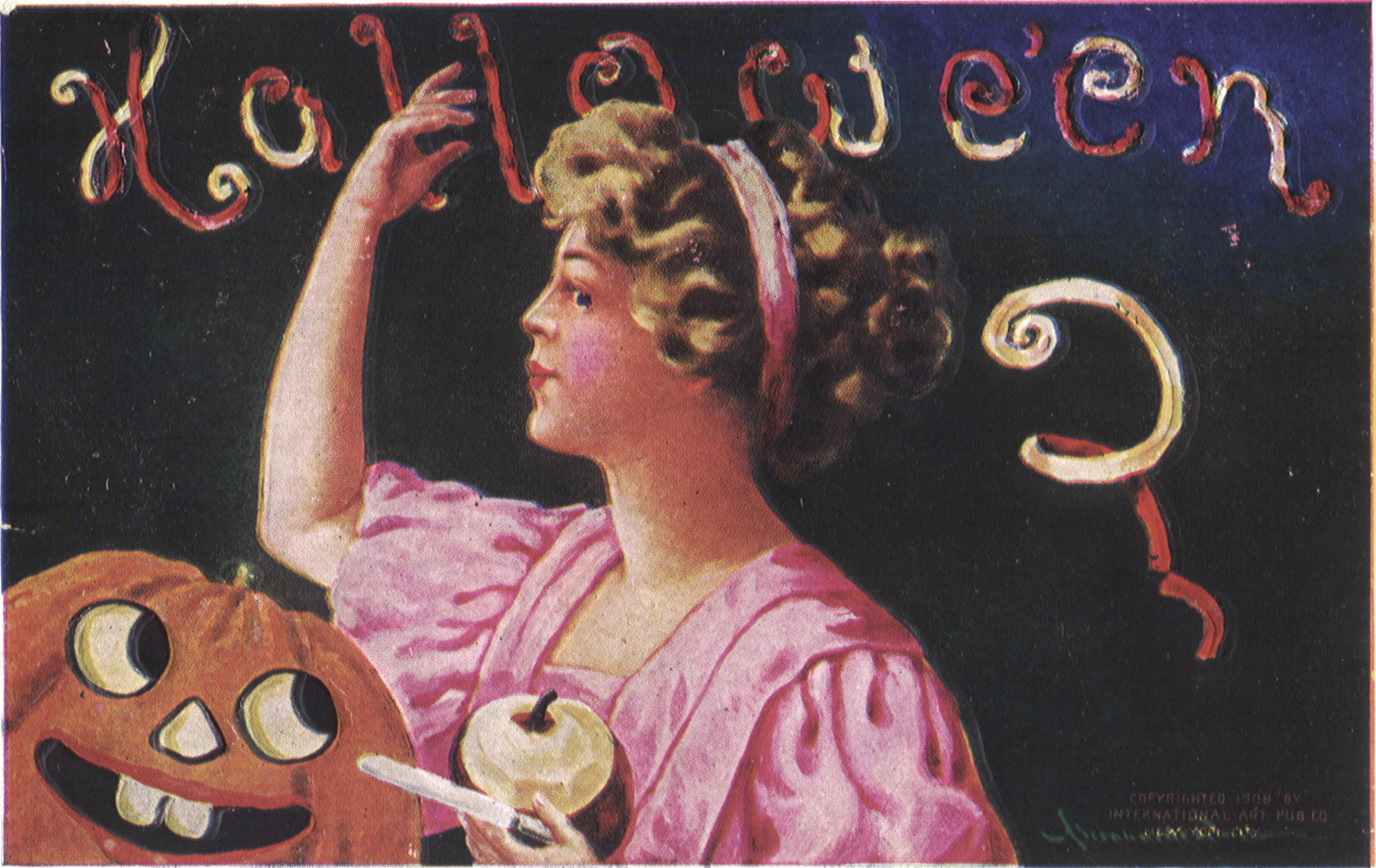 Halloween postcard of woman with jack-o'-lantern — vintage postcard