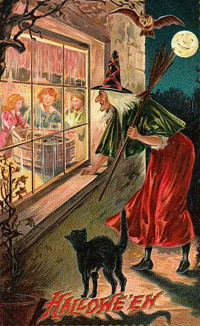 Hallowe'en: a witch and black cat at a lighted window