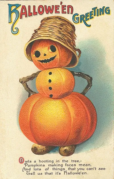Hallowe'en Greeting: a pumpkin man in a straw hat