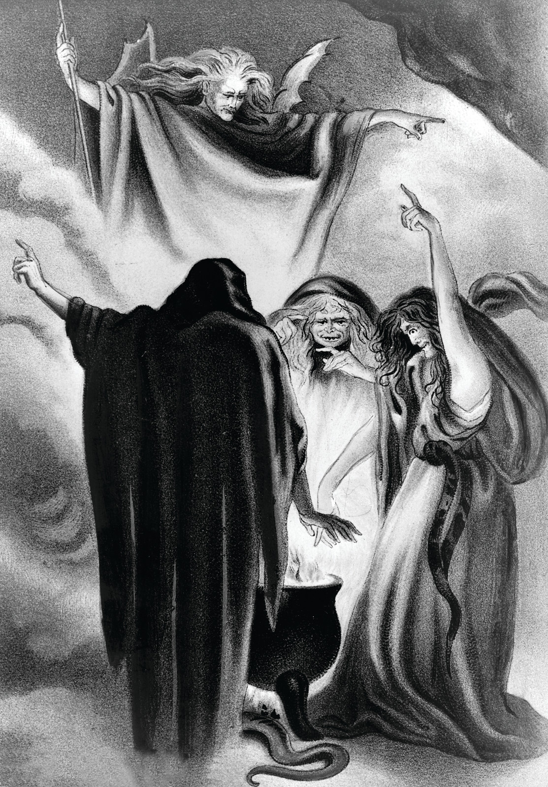 [Three witches standing around a boiling cauldron; above them hovers a devil(?)], 1940 — historic photograph