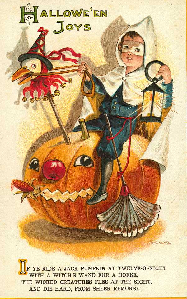 Hallowe'en Joys: a child seated on a jack-o'-lantern, Early 1900s — vintage postcard