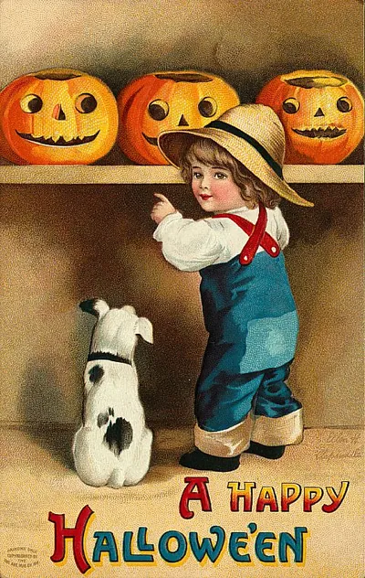 A Happy Hallowe'en: a boy and his dog with jack-o'-lanterns on a shelf