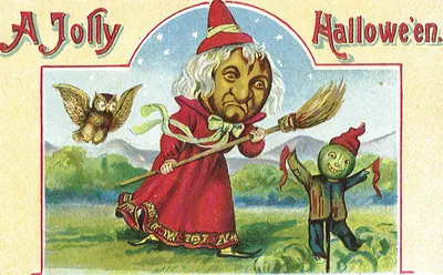 A Jolly Halloween postcard with witch, owl and jack-o-lantern scarecrow