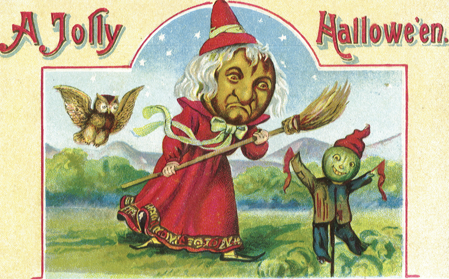 A Jolly Halloween postcard with witch, owl and jack-o-lantern scarecrow — vintage postcard